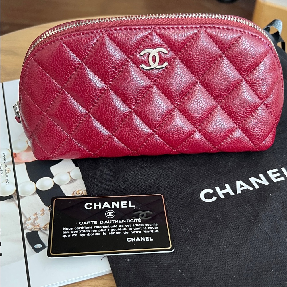 Chanel Classic Quilted Caviar Zip Pouch Clutch Burgundy shw